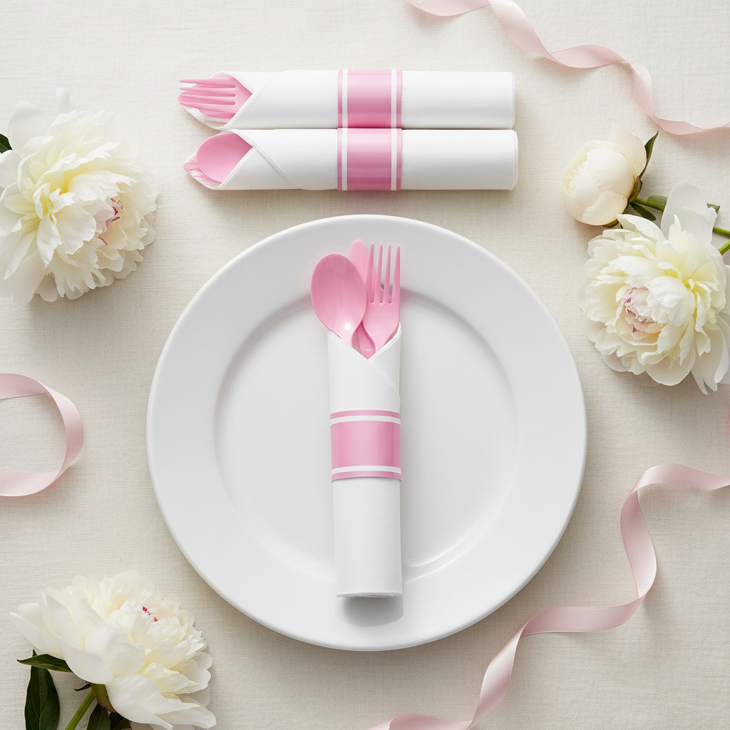 Pre-rolled pink plastic cutlery in a white napkin with a pink band on a white plate at a baby shower setting