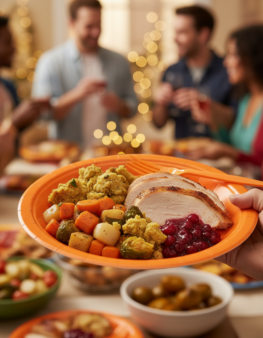 Orange paper dinner plate holding a served Thanksgiving meal at a party buffet