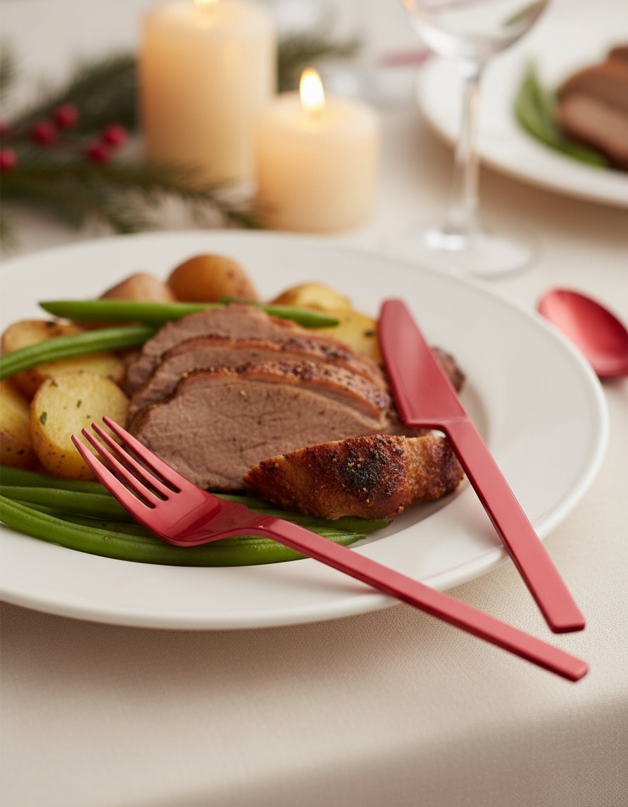 Red plastic fork and knife resting on a white plate of roast dinner at a holiday table