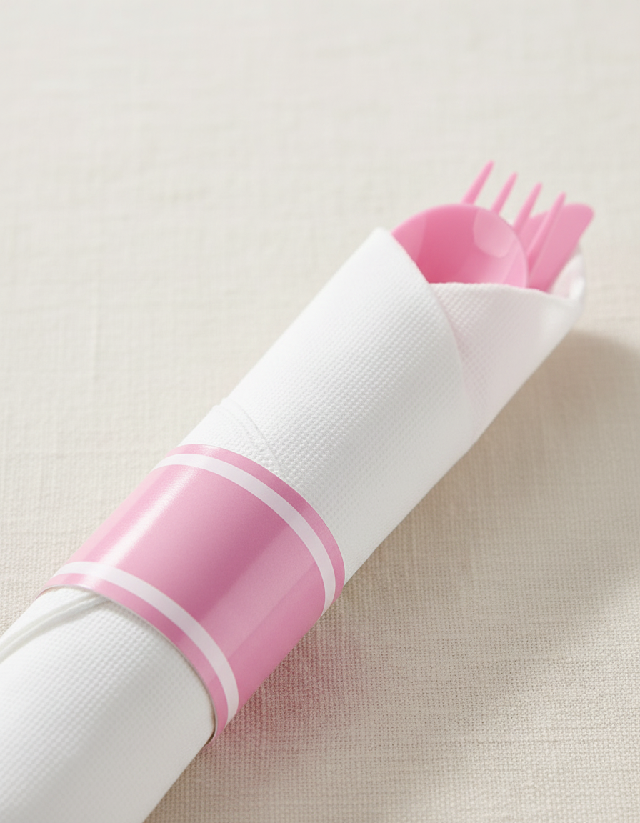 Macro detail of the pink striped band on a white napkin roll with pink cutlery tips