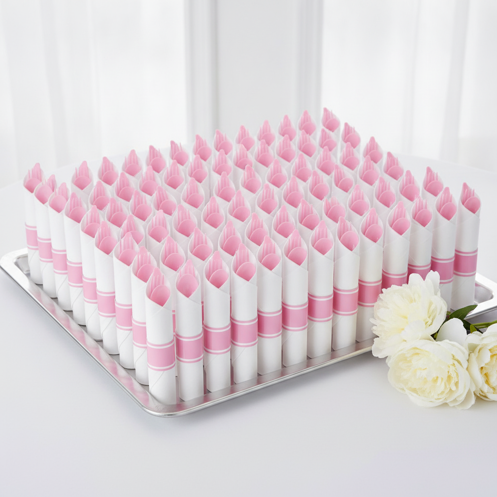 Catering tray filled with dozens of pre-rolled pink cutlery bundles showing the 100 count