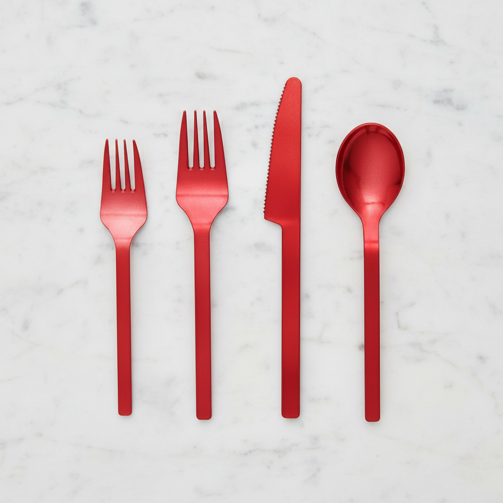 All four red plastic cutlery pieces flat-lay on marble: dessert fork, dinner fork, serrated knife and spoon