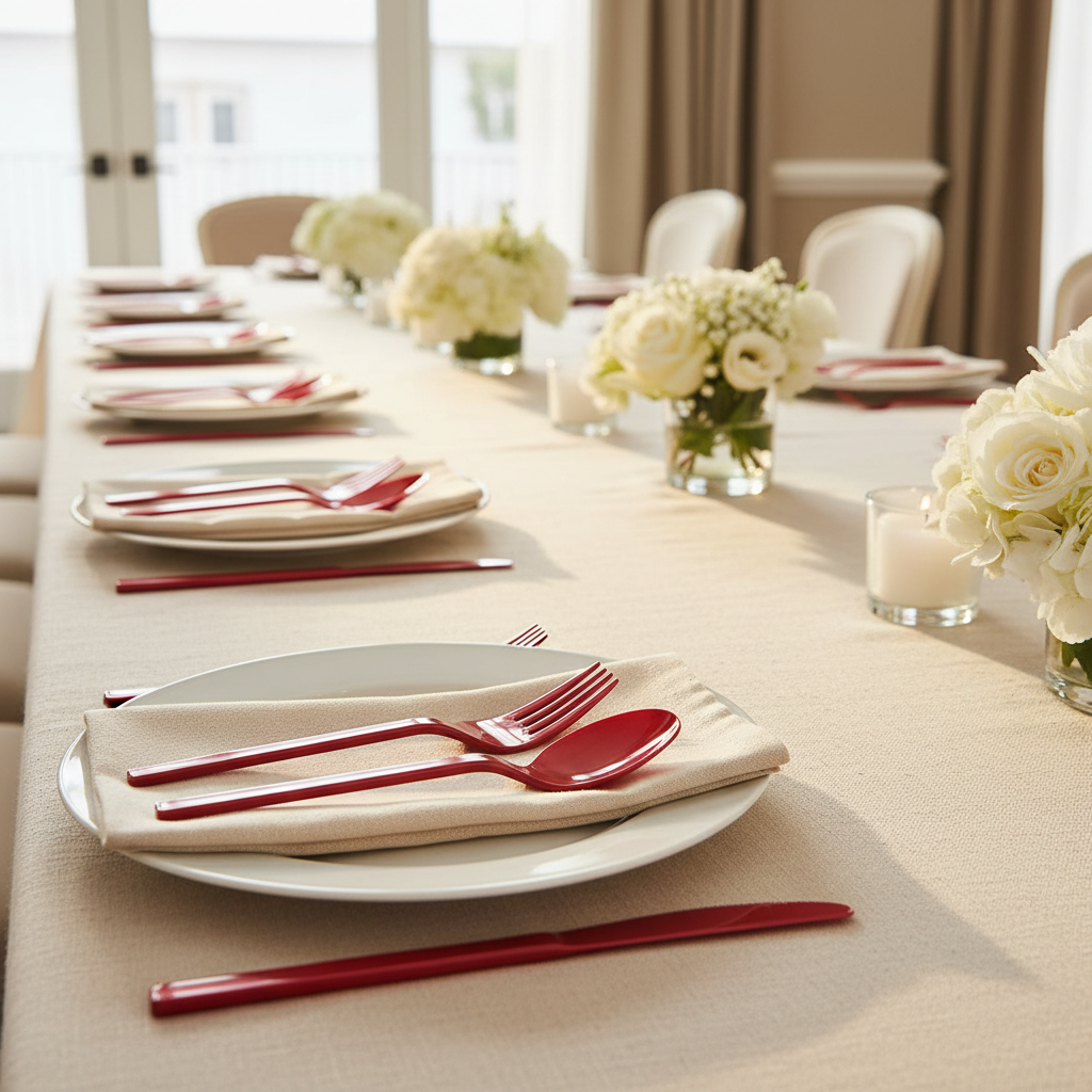 Long banquet table set with red plastic cutlery at every place for a large party