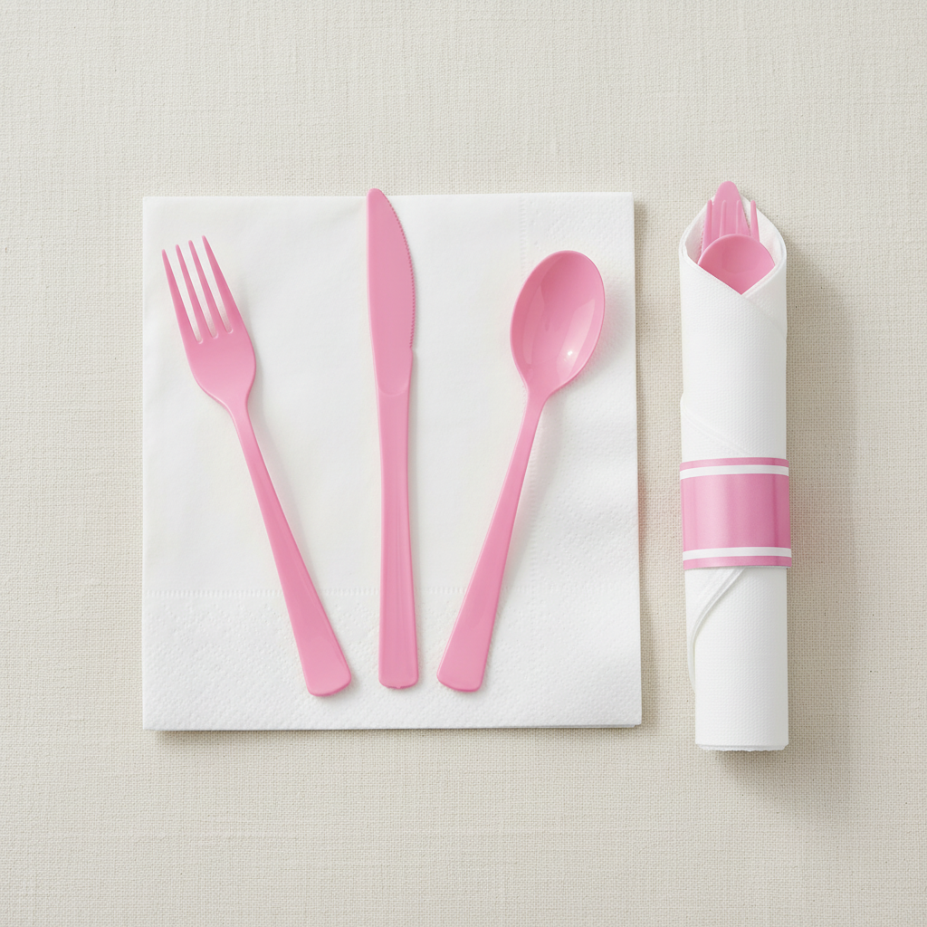 Pink plastic fork, knife and spoon laid on an opened white napkin beside a rolled bundle