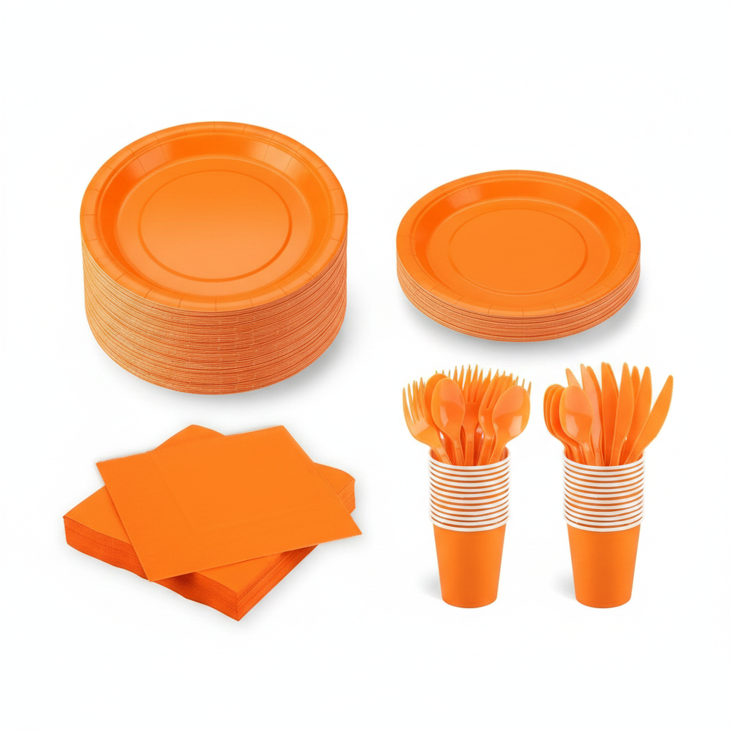 Full contents of the 350 piece orange party set: stacked paper plates, cups, napkins and plastic cutlery