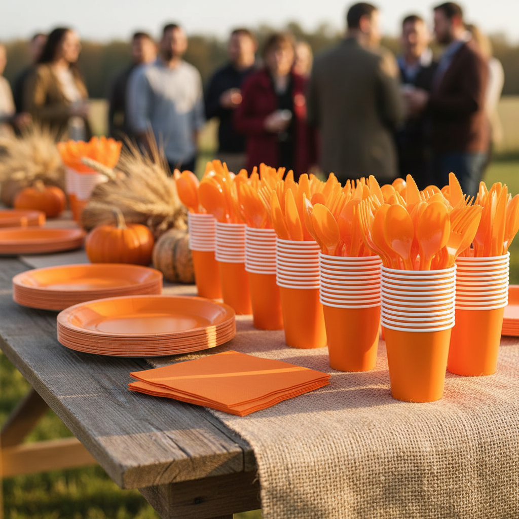 Autumn party buffet table with stacks of orange paper plates, banded cups, napkins and cutlery