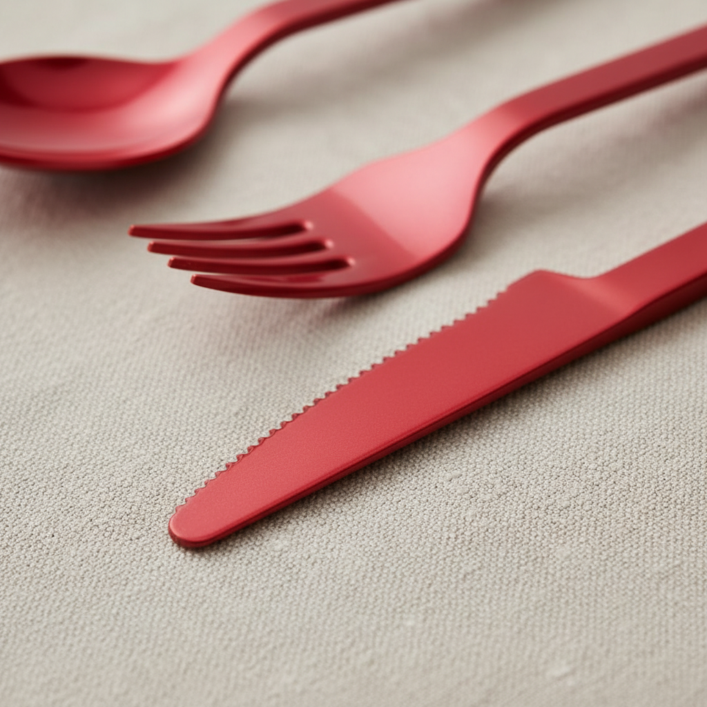 Macro detail of the serrated edge and flat squared handle of the red plastic knife and fork