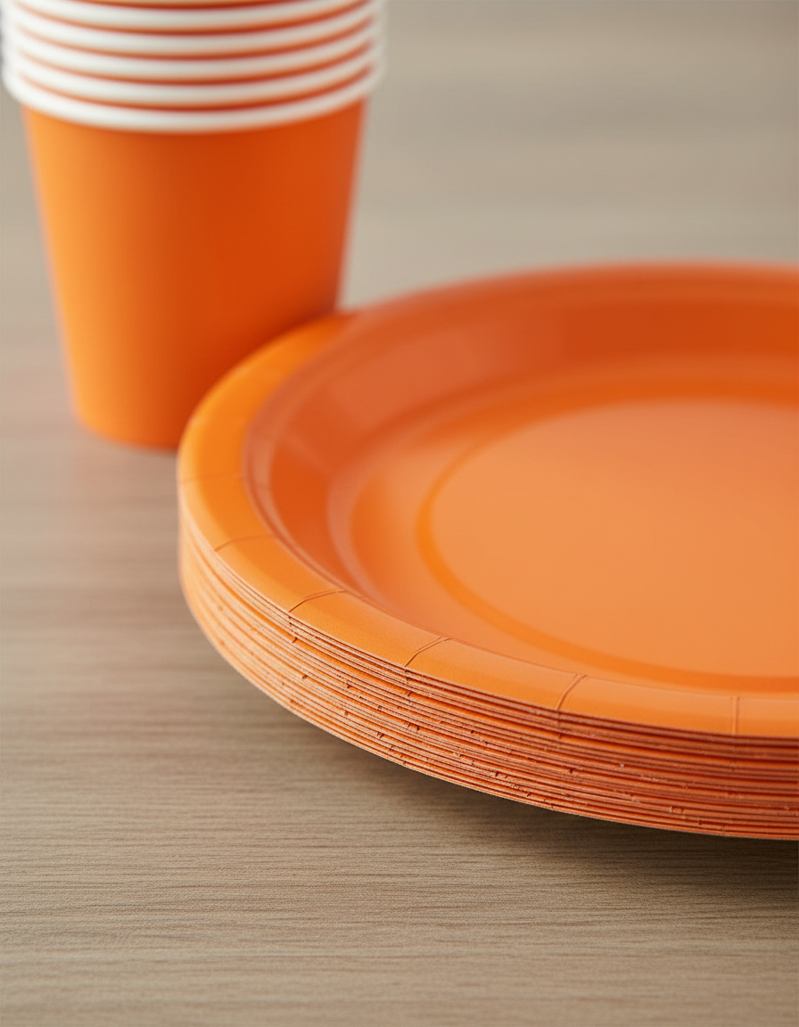 Macro of the thin stacked paper edges and crimped rim of the orange paper plates beside a banded cup