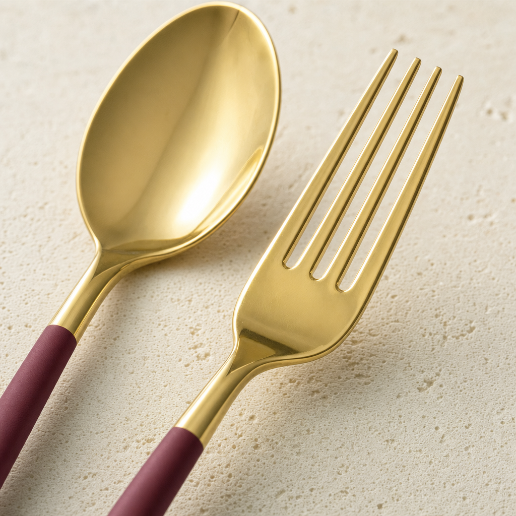 Close-up of a gold fork head with four tines and a gold spoon bowl on cranberry handles