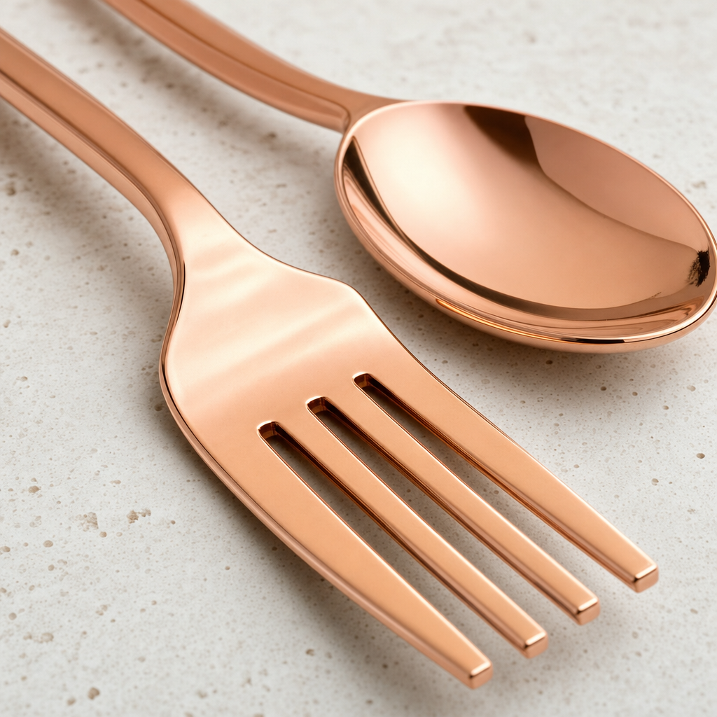 Close-up of a rose gold plastic fork head with four tines and a spoon bowl behind it