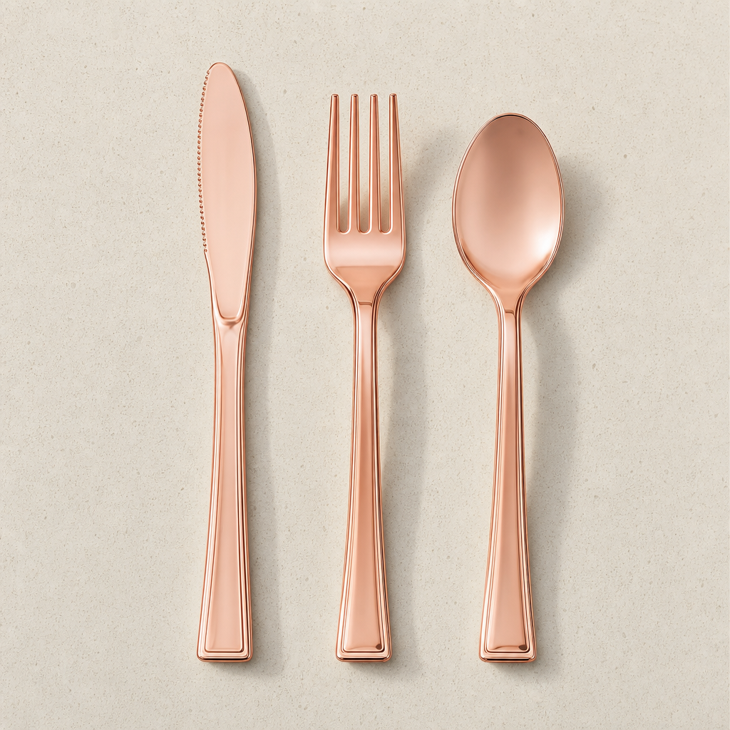 Rose gold plastic knife, fork and spoon laid side by side on a speckled off-white surface