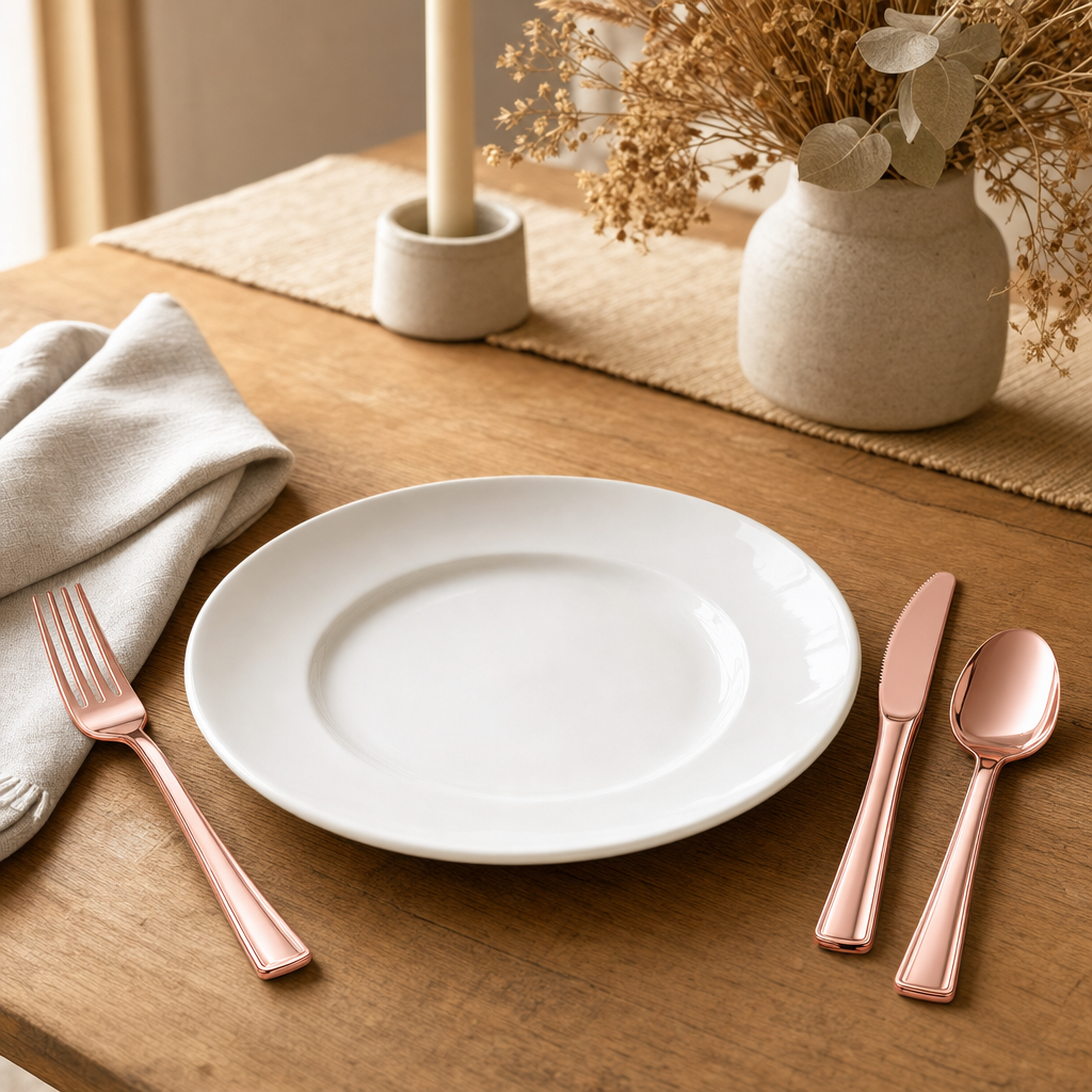 Rose gold plastic cutlery set at a place setting with a white plate on a warm oak table