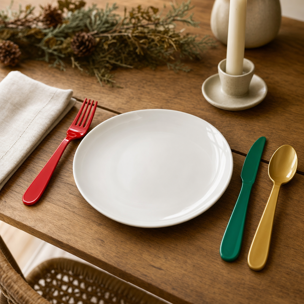 A festive place setting with a red plastic fork, green knife and gold spoon on an oak table