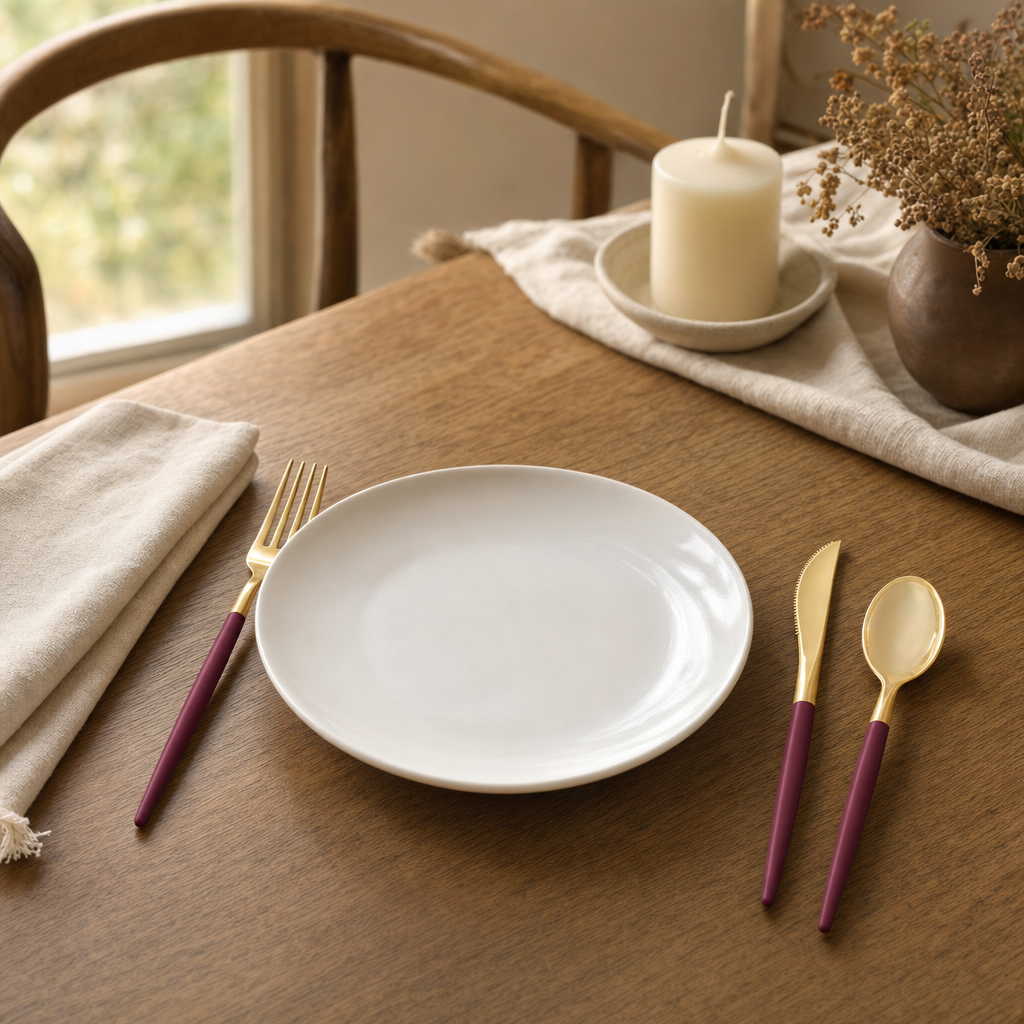 A place setting with gold and cranberry plastic cutlery and a white plate on an oak table