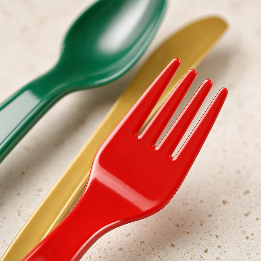 Close-up of a red plastic fork head with four tines beside a green spoon and gold knife