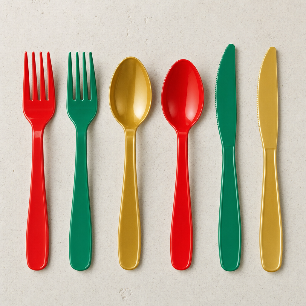 Red, green and gold heavyweight plastic forks, spoons and knives laid side by side