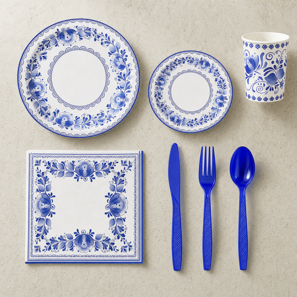 Blue and white floral place setting flat lay: dinner plate, side plate, printed paper cup, square napkin and royal-blue plastic knife, fork and spoon