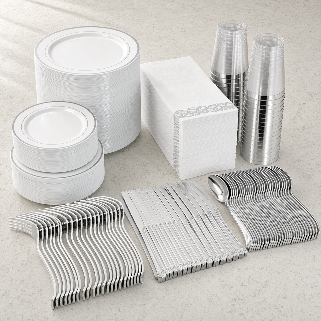 The full 350 piece set laid out: stacks of silver rim plates, stacks of tumblers, folded napkins and banks of silver forks, knives and spoons