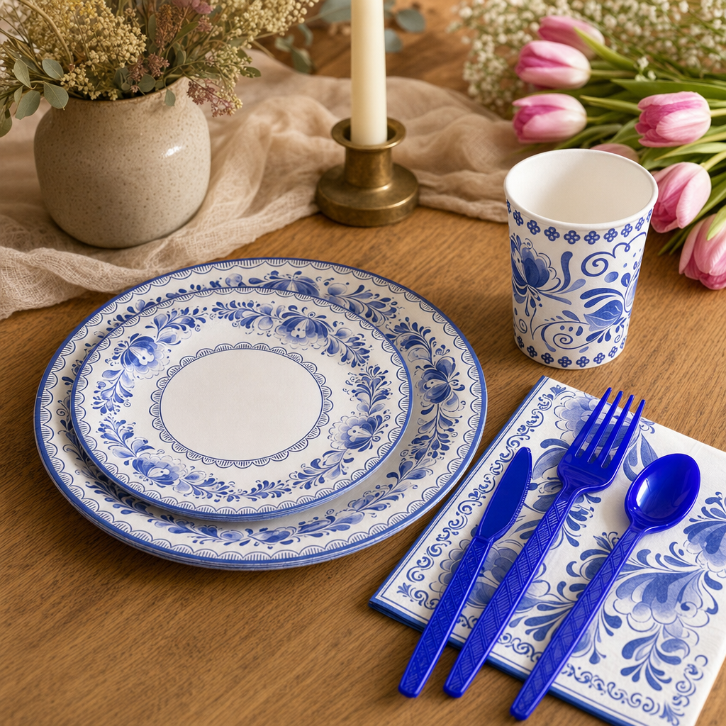 Blue and white floral paper plates, cup and royal-blue cutlery set on a warm oak table with tulips and a candle