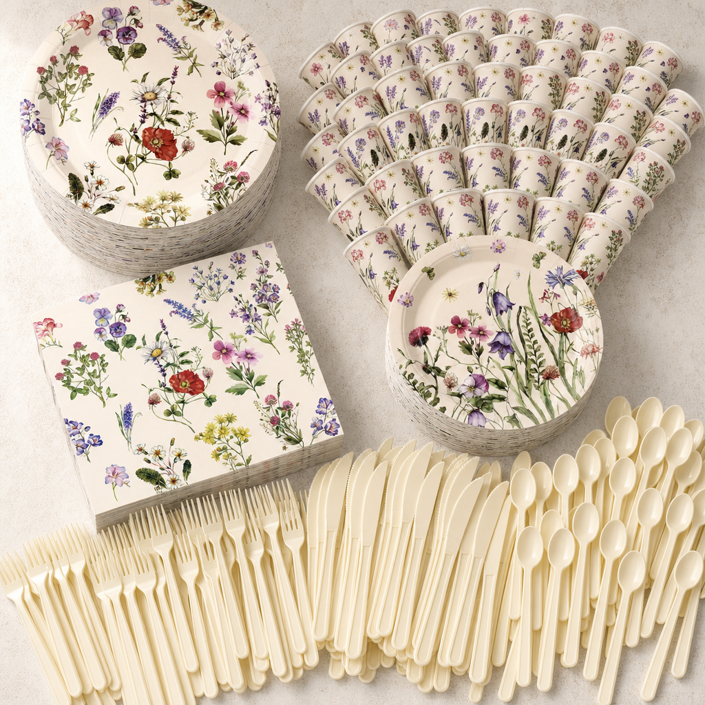 The full 400-piece set laid out: stacks of cream wildflower plates in two sizes, cups, square napkins and rows of ivory cutlery