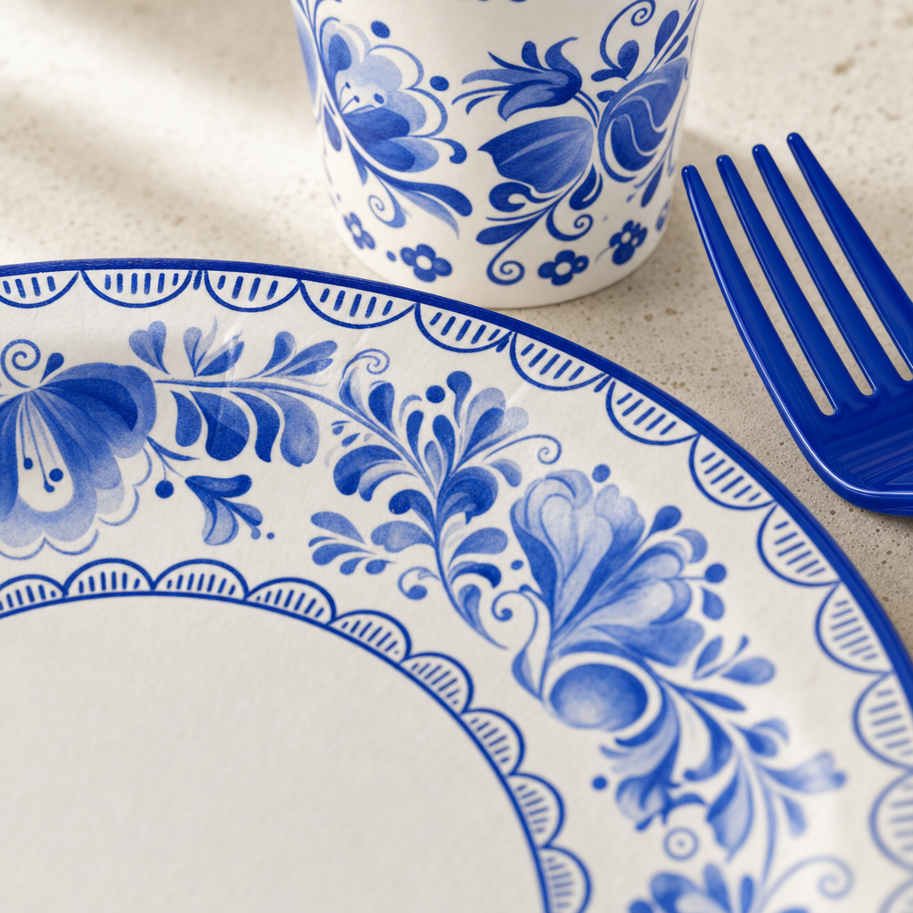 Macro close-up of the cobalt blue painted floral border on the paper plate rim with the matching cup and a blue fork behind