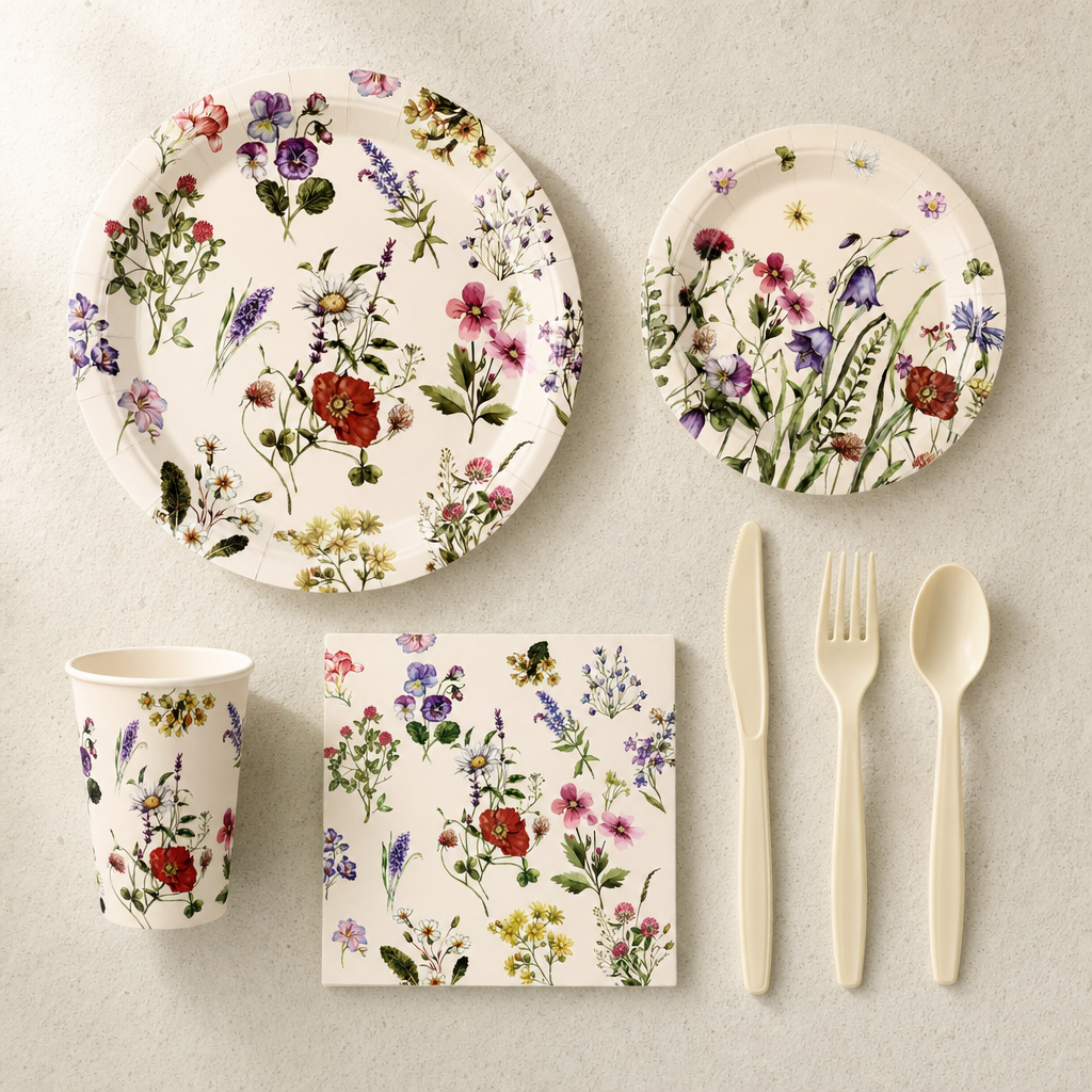 Cream wildflower place setting flat lay: dinner plate, side plate, printed paper cup, square napkin and ivory plastic knife, fork and spoon
