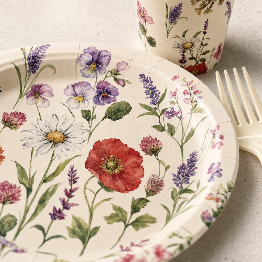 Macro close-up of the watercolour wildflower print on the cream paper plate with the matching cup and an ivory fork behind