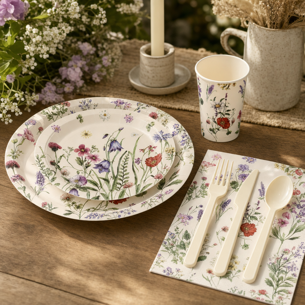 Cream wildflower paper plates, cup and ivory cutlery laid on a warm oak table with a stoneware jug and a candle