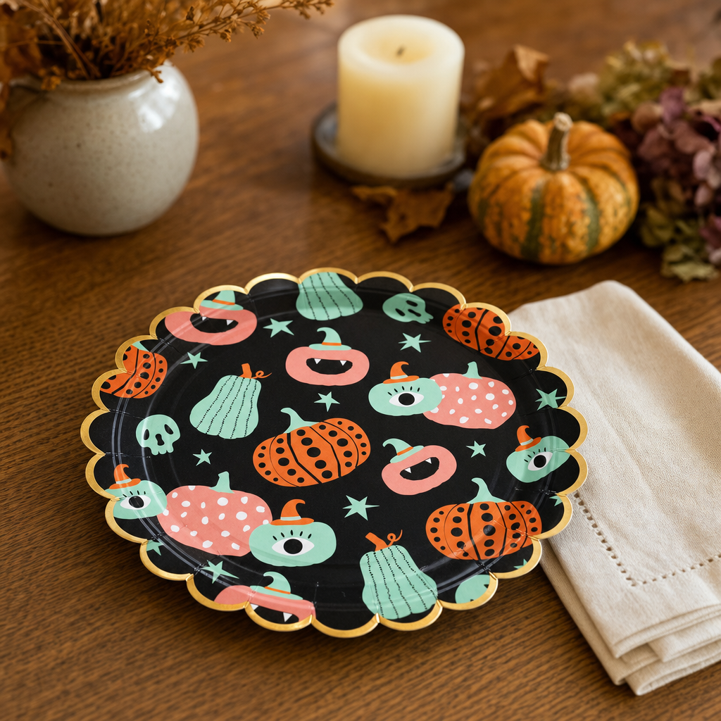 Halloween place setting on a warm oak table with the scalloped black pumpkin plate and a folded cream linen napkin