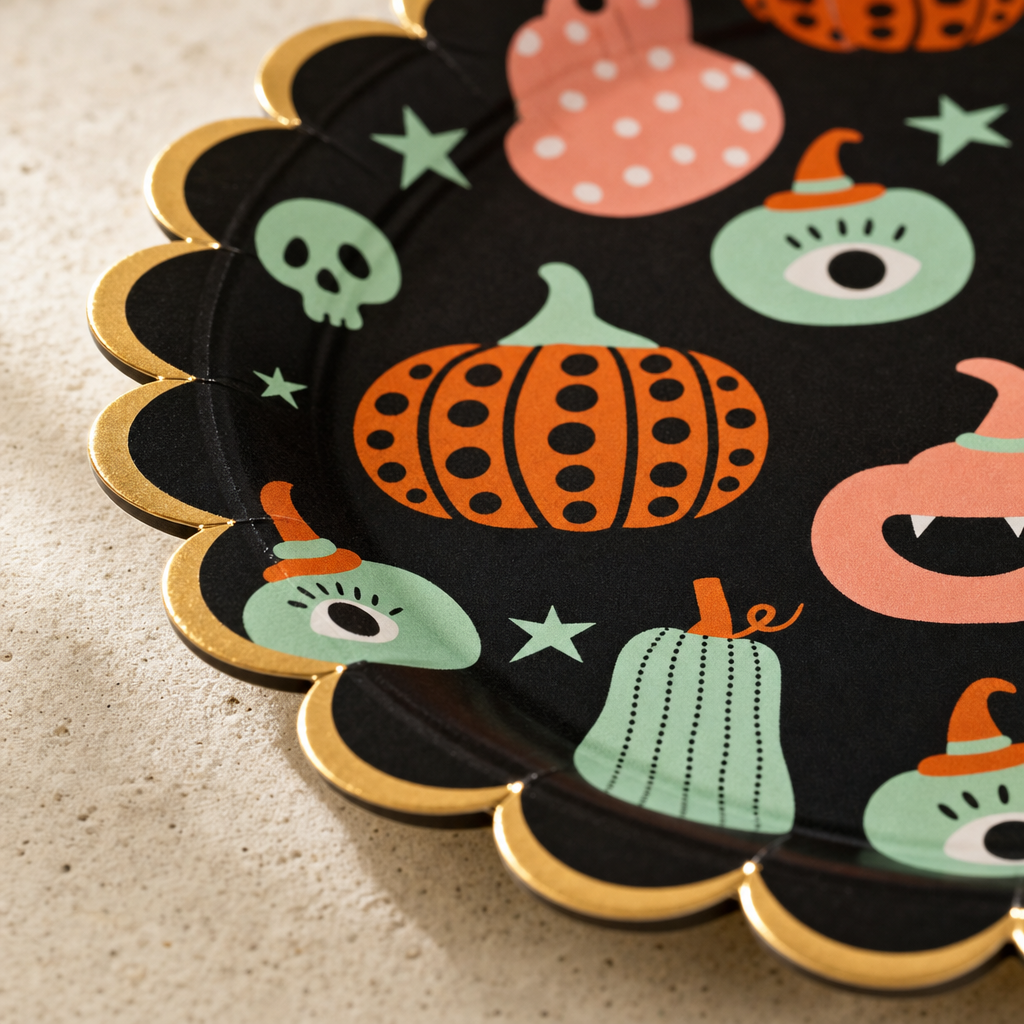 Macro close-up of the plate rim showing the gold foil band following each die-cut scallop and the printed pumpkins