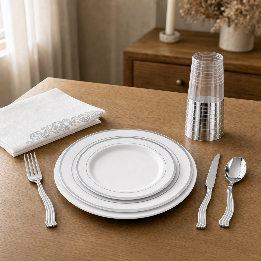Silver rim plates, cutlery, tumbler and napkin laid as a place setting on a warm oak dining table