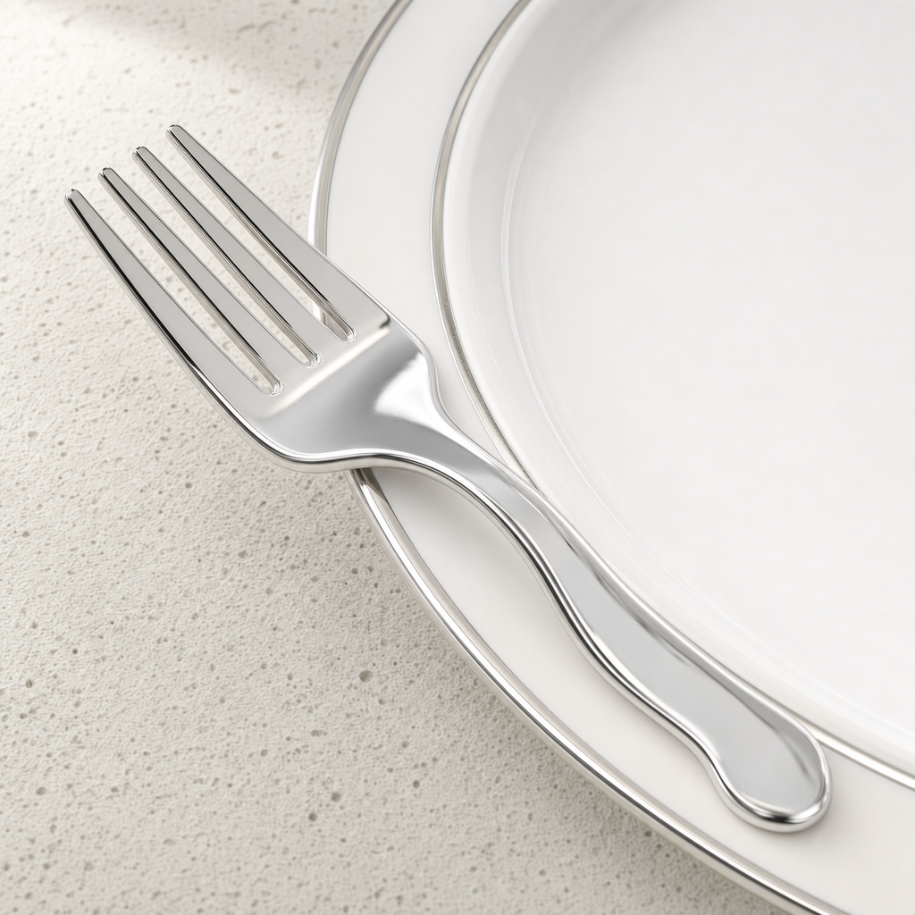 Close up of a four tine silver plastic fork resting on the twin silver rim of a white plate