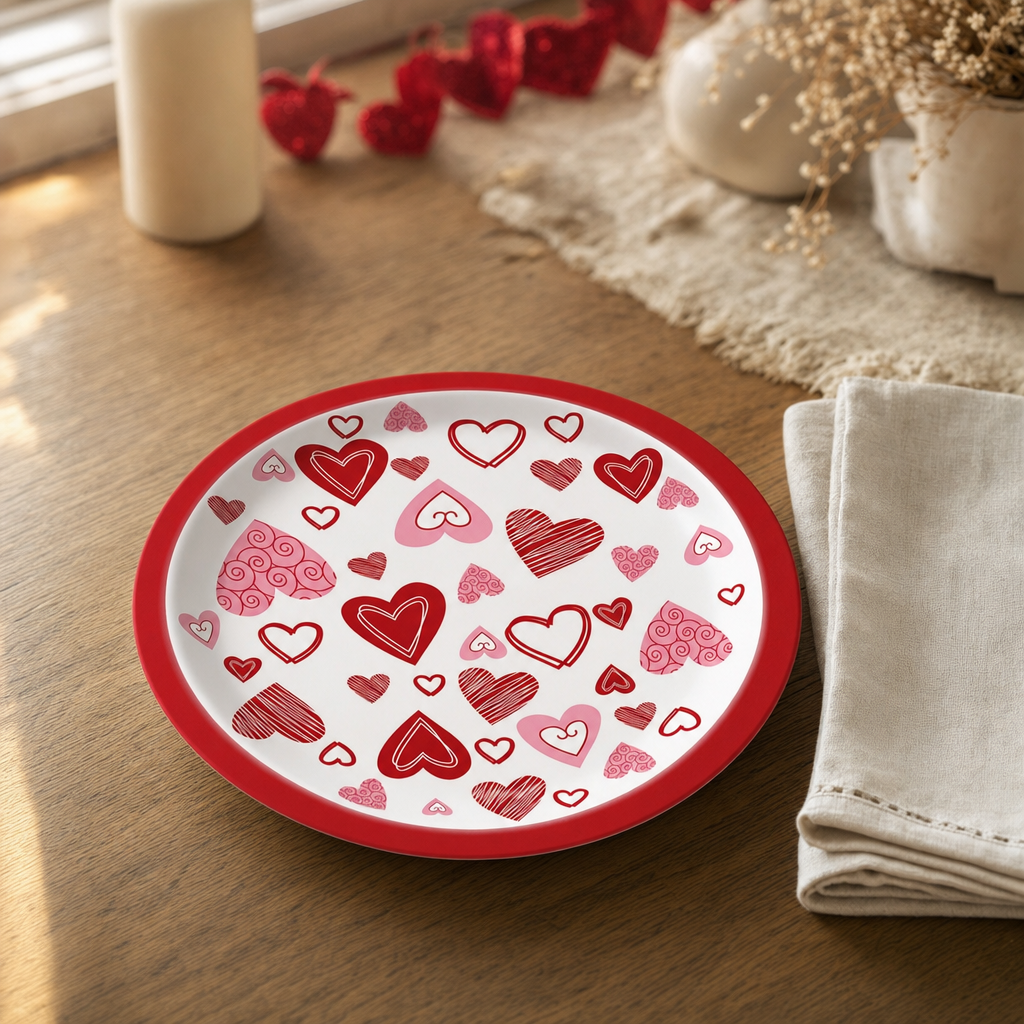 Valentine's place setting on a warm oak table with the red-rimmed heart plate and a folded cream linen napkin