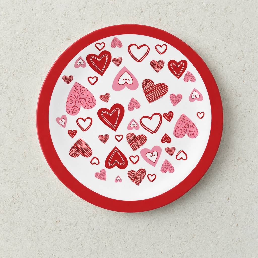 A single round paper party plate face-up, solid red rim with a white centre scattered with red and pink doodle hearts