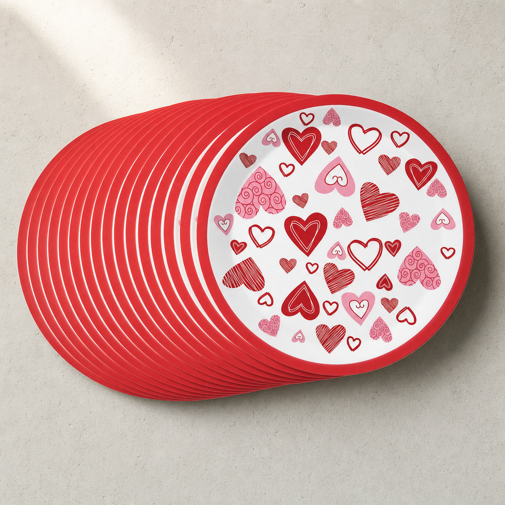 A stack of the red-rimmed heart plates fanned in an arc, showing the pack quantity