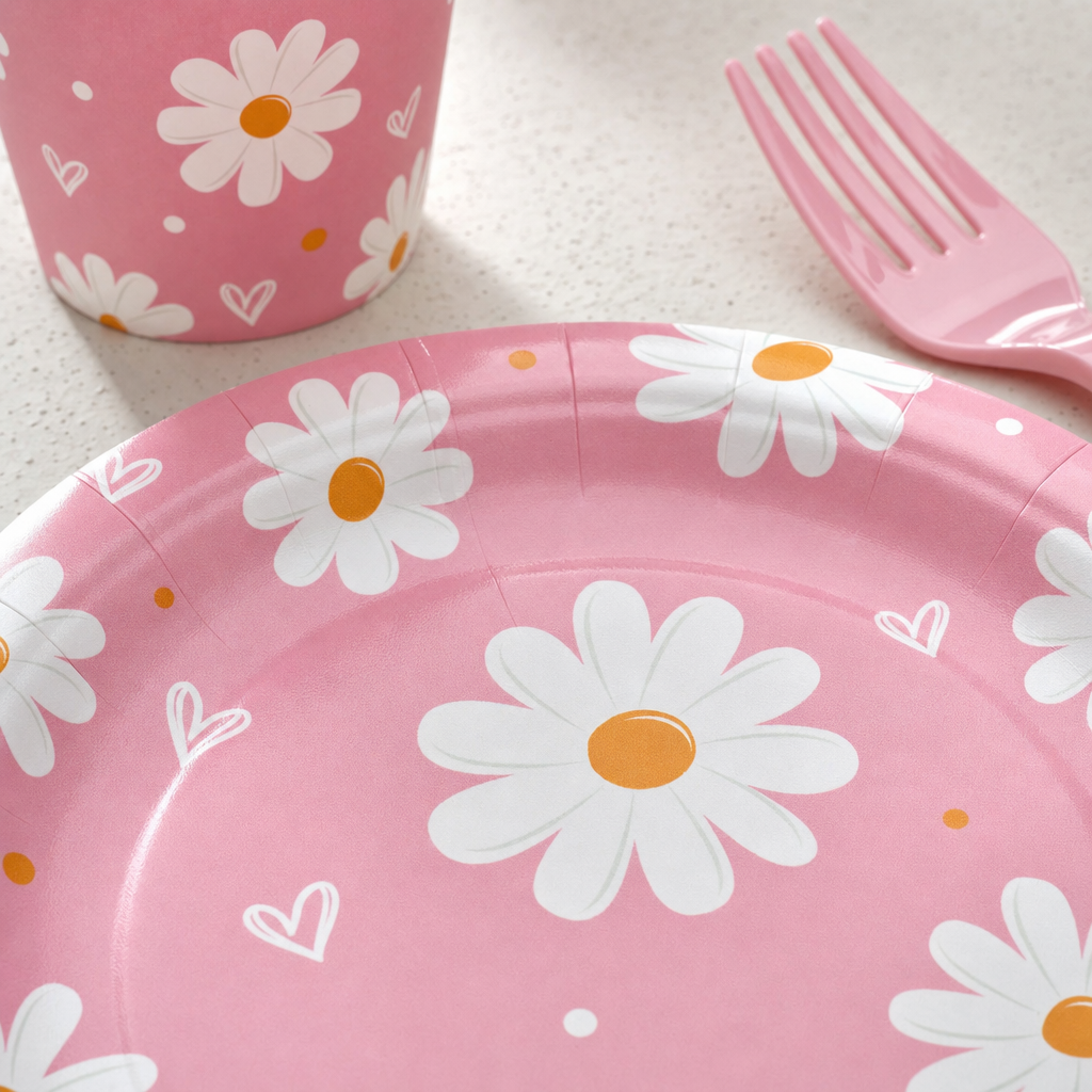Macro close-up of the white daisy and heart print on the pink paper plate with the matching cup and a pink fork behind