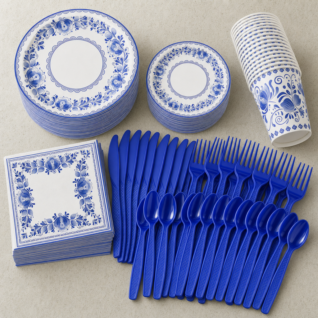 The full 175-piece set laid out: stacks of blue and white plates in two sizes, cups, square napkins and rows of royal-blue cutlery