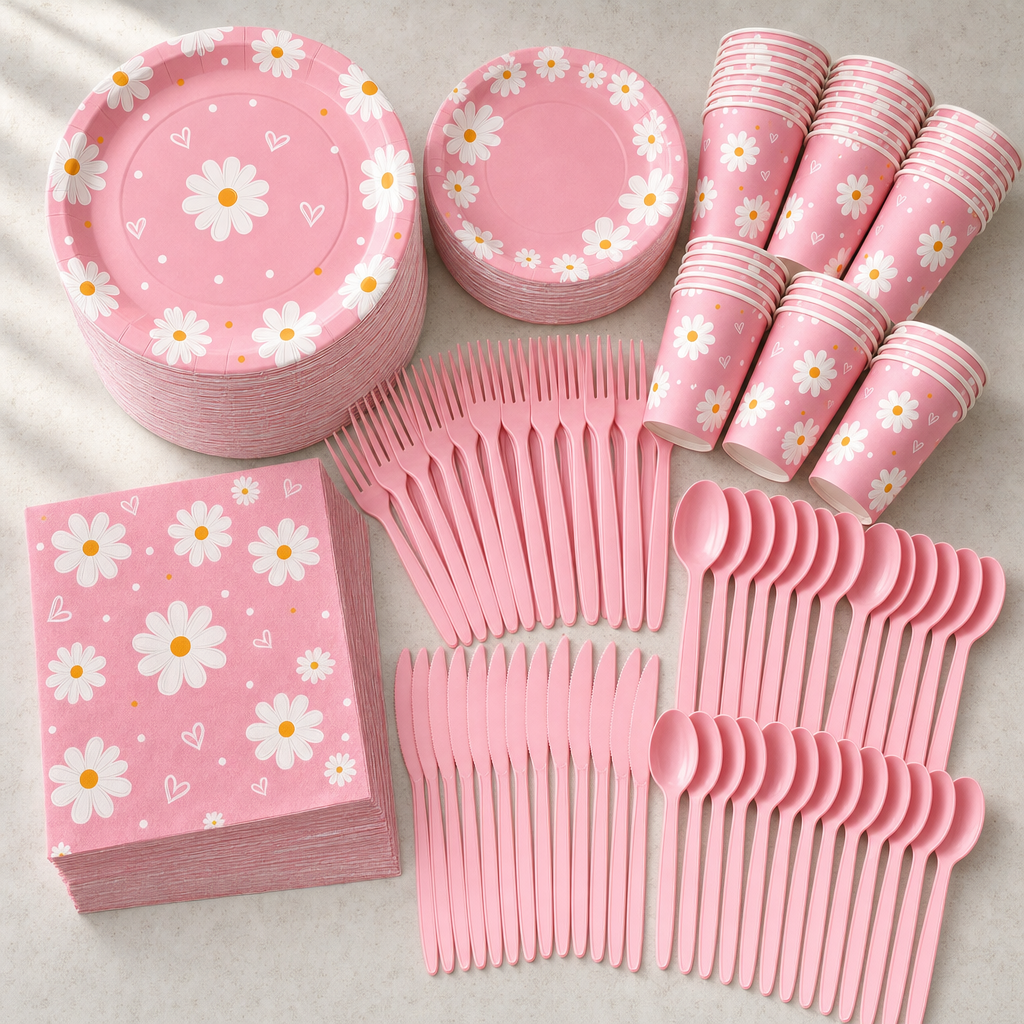 The full 350-piece set laid out: stacks of pink daisy plates in two sizes, cups, square napkins and rows of pink cutlery