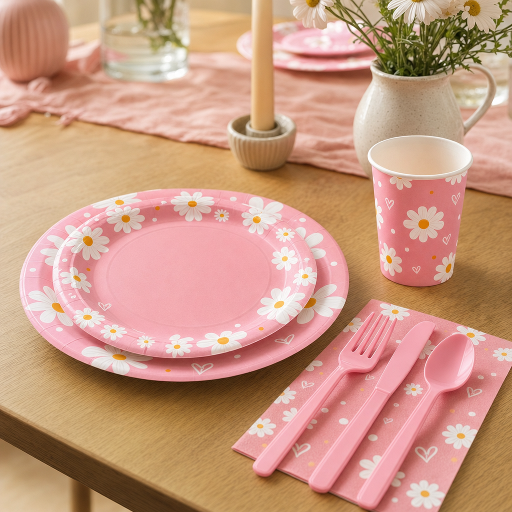 Pink daisy paper plates, cup and pink cutlery laid on a warm oak table with daisies in a stoneware jug