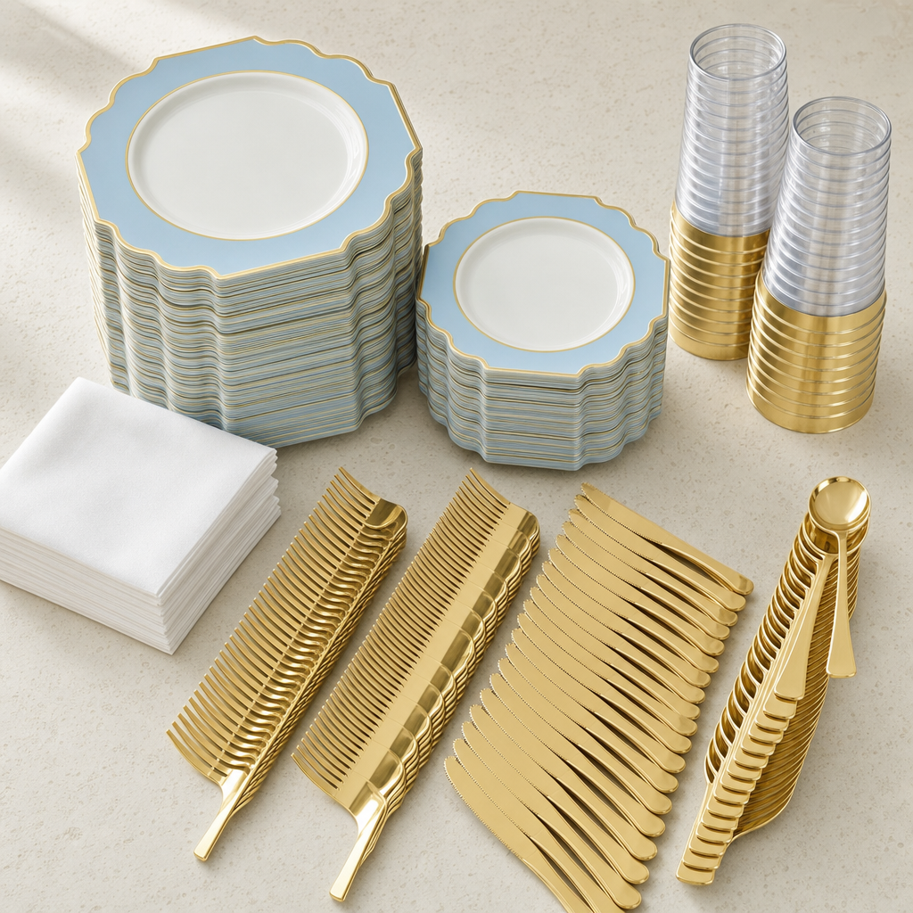 The full 320 piece set laid out: stacks of scalloped blue and gold plates in two sizes, gold banded tumblers, white napkins and banks of gold forks, knives and spoons