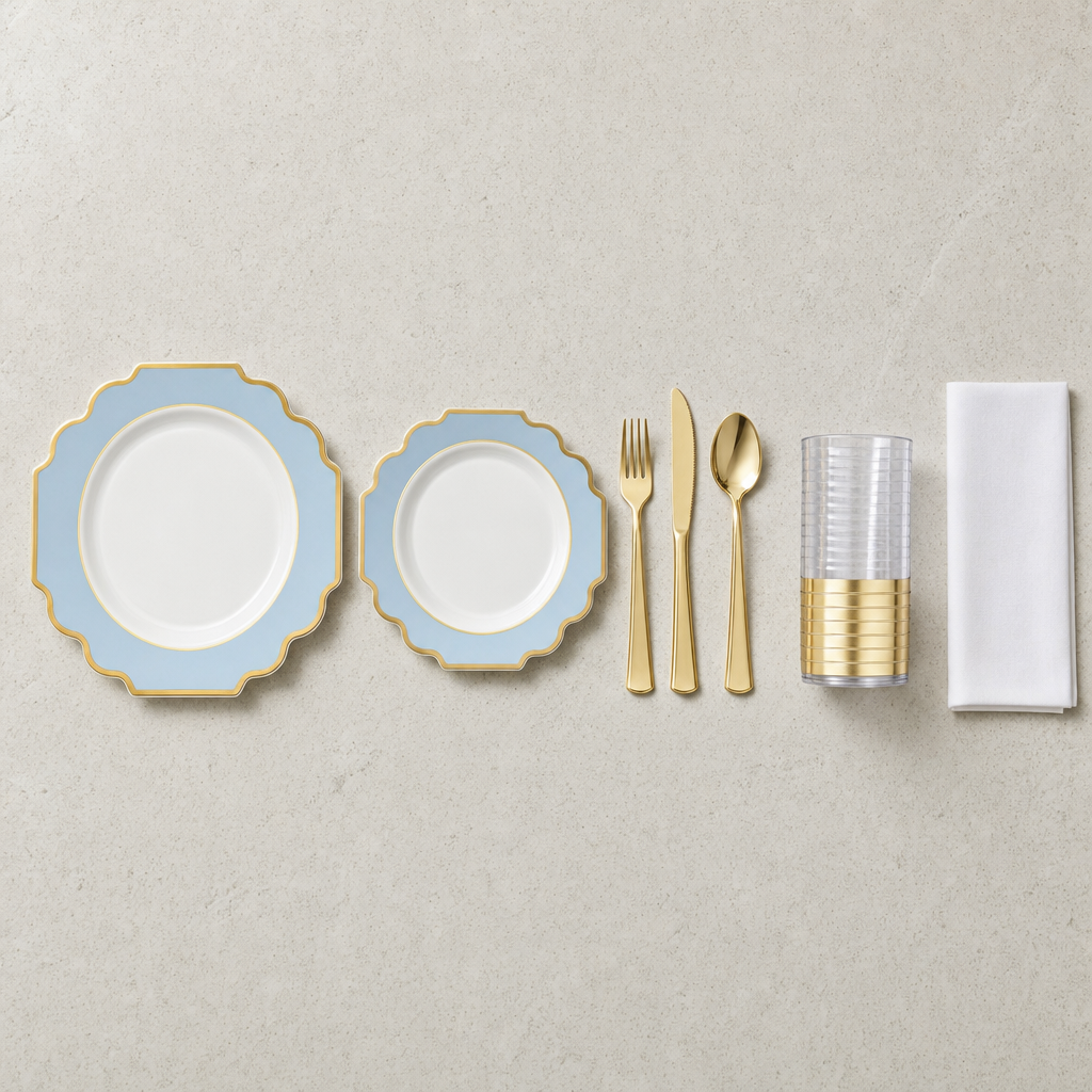 Flat lay of one place setting: scalloped blue and gold dinner and dessert plates, gold fork, knife and spoon, a clear gold banded tumbler and a white napkin