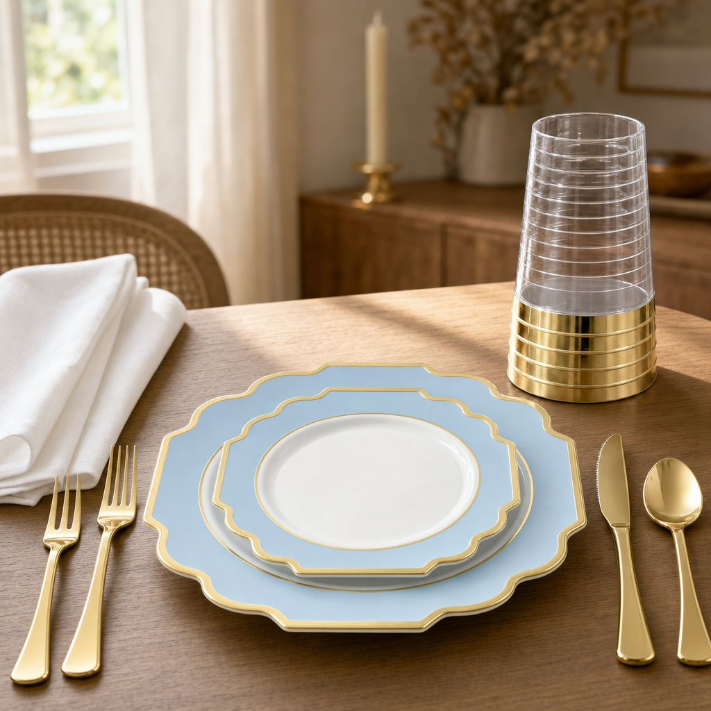 Scalloped blue and gold plates stacked as a place setting on a warm oak table with gold flatware, gold banded tumblers and a white napkin
