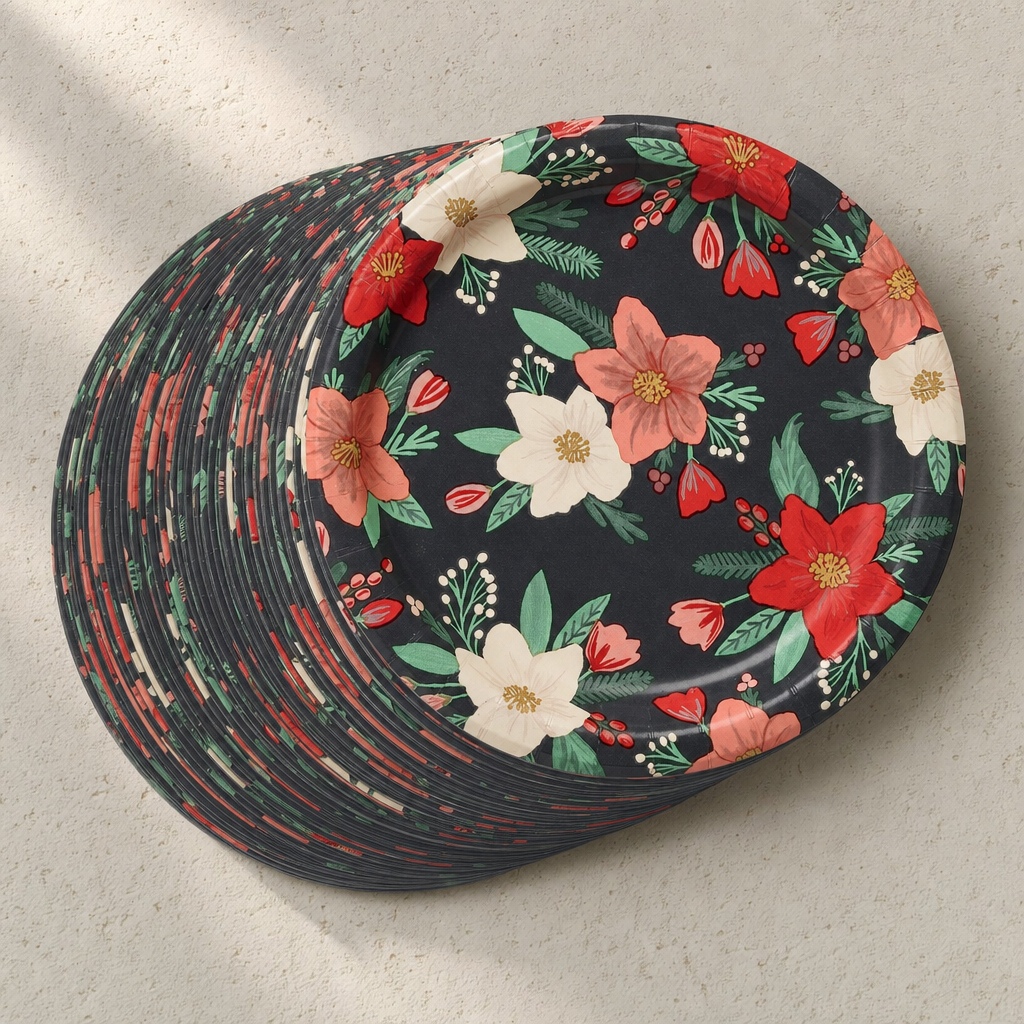 A deep stack of the winter floral dessert plates fanned in an arc, showing the bulk quantity