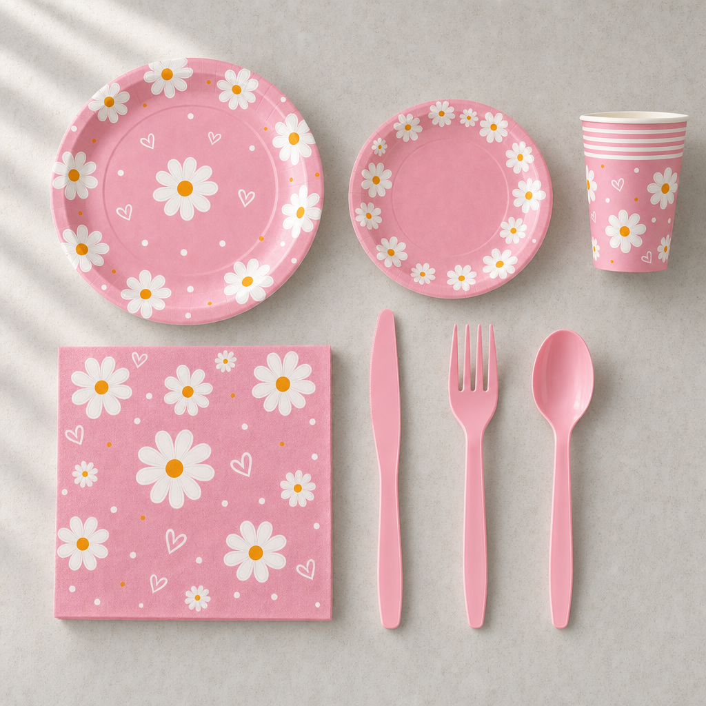 Pink daisy place setting flat lay: dinner plate, side plate, striped printed paper cup, square napkin and pink plastic knife, fork and spoon