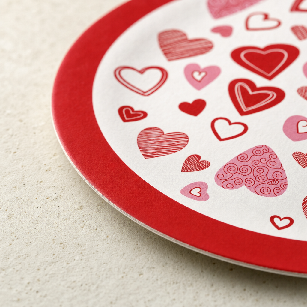Macro close-up of the thin paper rim showing the crisp edge between the red band and the heart-printed white centre