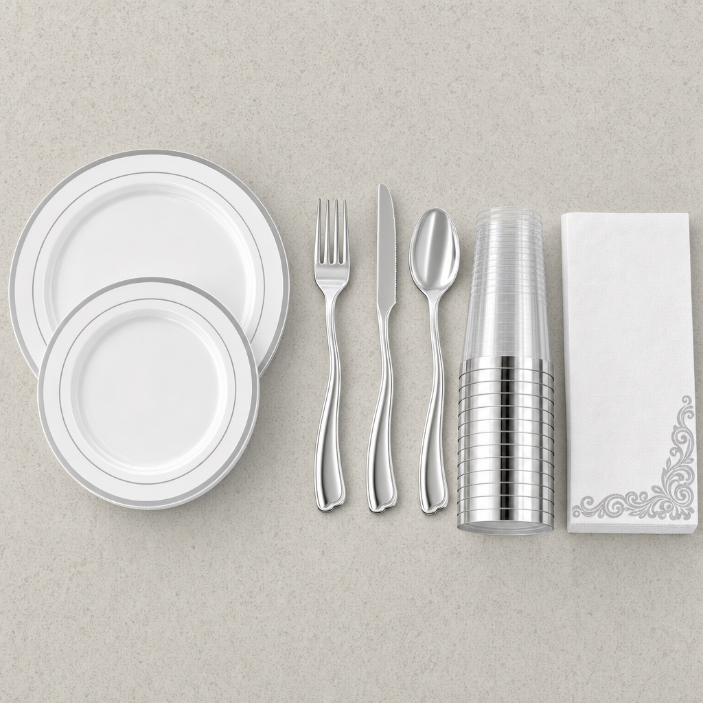 Flat lay of one place setting from the silver rim dinnerware set: dinner plate, salad plate, fork, knife, spoon, clear tumblers and a silver print napkin