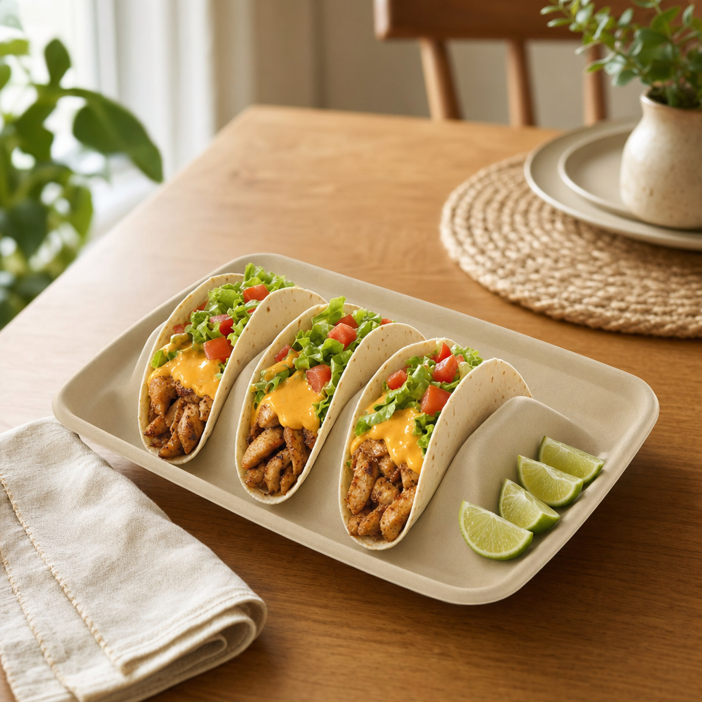 A paper taco holder tray on an oak table holding three filled soft tacos upright with lime wedges in the side compartment