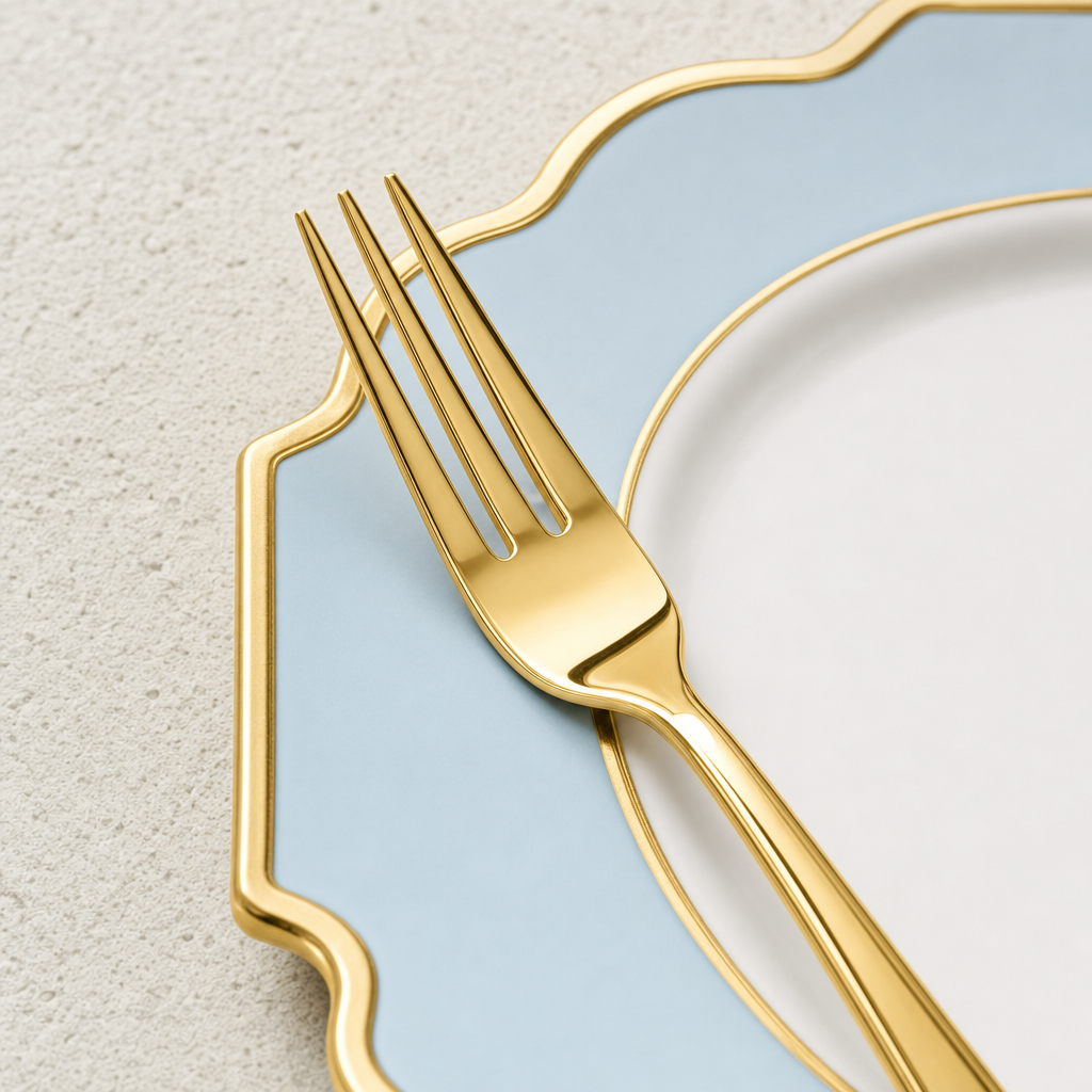 Close up of a four tine gold plastic fork resting on the powder blue and gold scalloped rim of a plate
