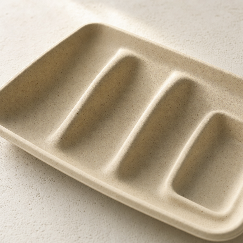 Close up of the moulded pulp taco tray showing three curved taco cradles, two dividing ridges and the flat side compartment