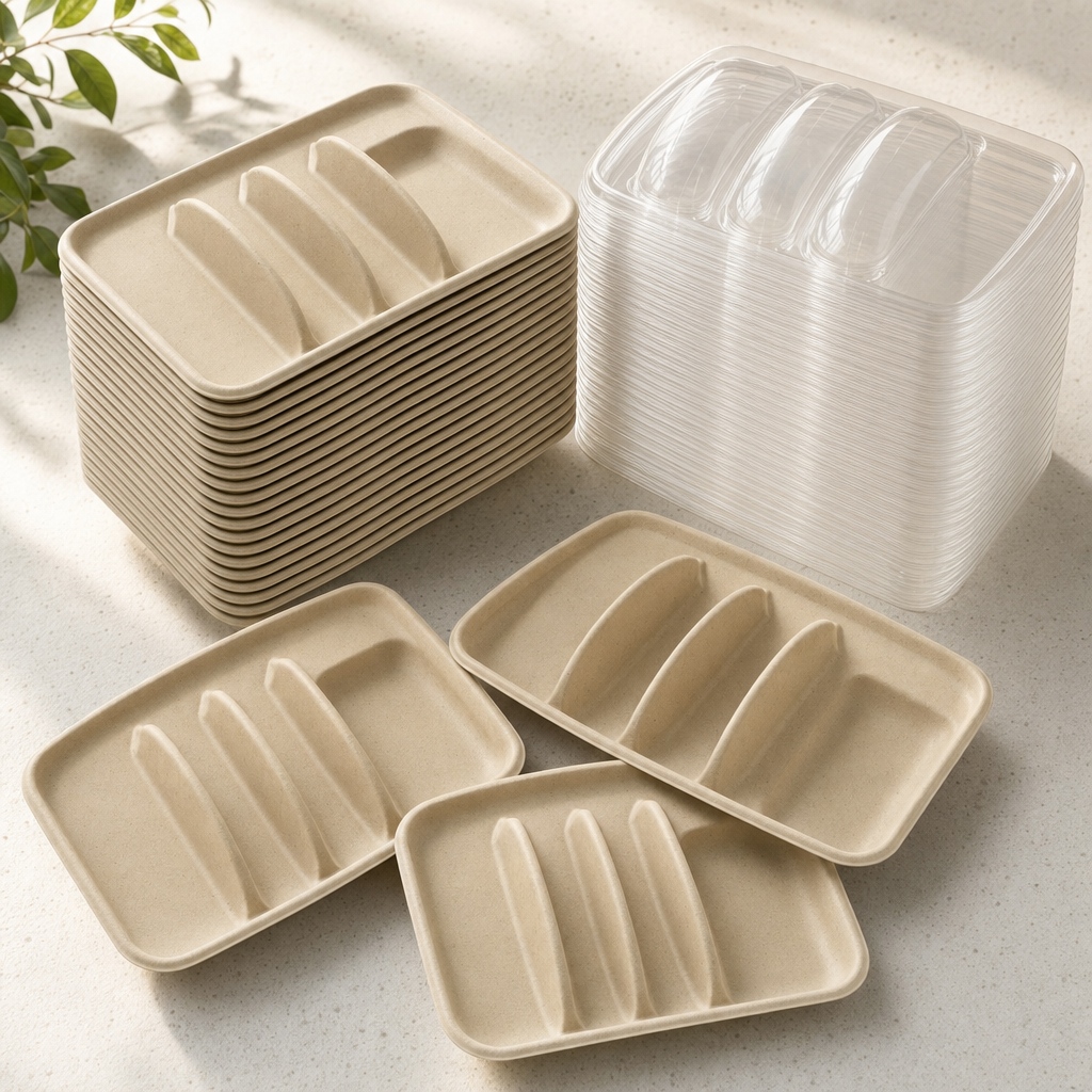 A tall stack of natural kraft paper taco holder trays beside a stack of clear dome lids, with loose trays fanned out in front